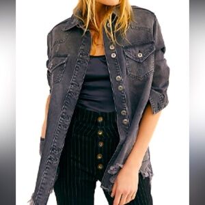 Free People Distressed Black Denim Jacket